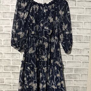 Ryan Michelle Navy Flower Smocked Waist Mini Midi Sundress Scoop Neck Size Small